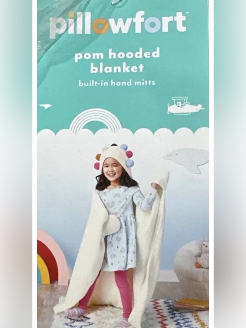 Pillowfort Colorful Pom Hooded Blanket With Hand Pockets White - 40 x 50 Inches